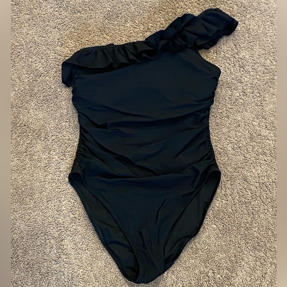 NWOT J. Crew Black One-Shoulder Ruffle One-Piece Swimsuit